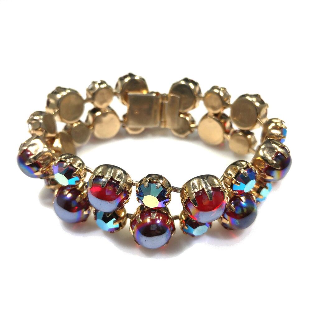 Mid-Century Red Aurora Borealis Rhinestone Cabochon Bracelet, Gold Plate Vintage - Picture 5 of 10